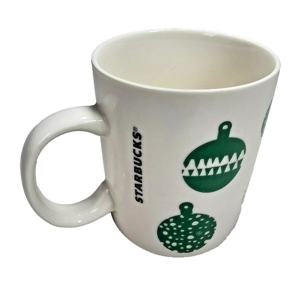 2016 Starbucks Logo Coffee Cup Mug White w/ Green Christmas Ornaments 12oz.